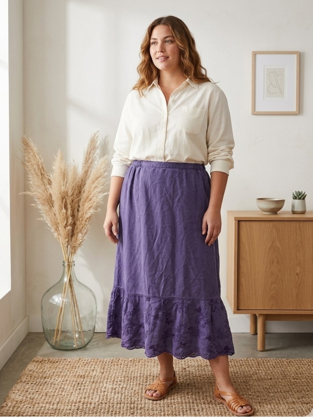 L.L. Bean Purple Cotton Linen Blend Embroidered Ruffle Hem Midi Skirt Boho